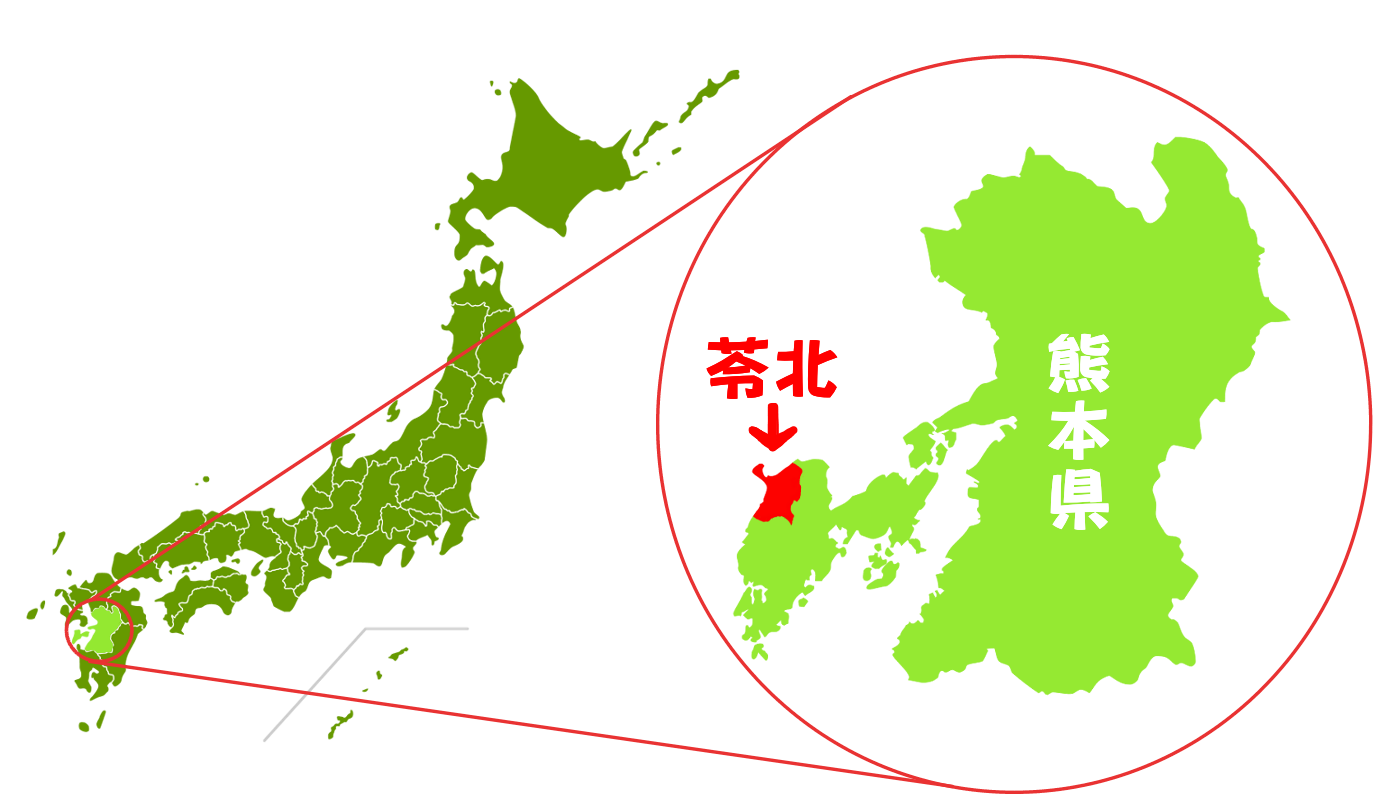 日本と熊本県の中で、苓北町がある場所を示す地図